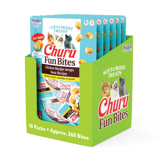 INABA Churu Fun Bites for Cats, Soft & Chewy Cat Treats with Taurine, 0.42 Ounces Each Tetra, 18 Tetras (3 per Bag), Tuna Recipe