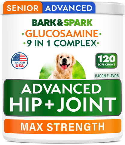 Bark&Spark Senior Advanced Glucosamine Chondroitin for Dogs - Hip Joint Pain Relief - Old Dog Joint Chews Large & Small Breed - Hip Joint Chews Joint Health Care Treats - 120Ct