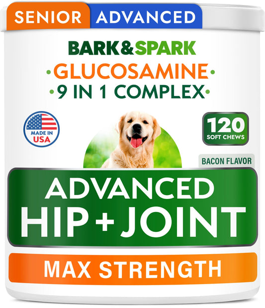 Bark&Spark Senior Advanced Glucosamine Chondroitin for Dogs - Hip Joint Pain Relief - Old Dog Joint Chews Large & Small Breed - Hip Joint Chews Joint Health Care Treats - 120Ct