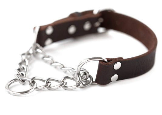 Mighty Paw Martingale Dog Collar - No Pull Design - Stainless Steel Chain - Limited Chain Cinch Training - Brown Leather Martingale Training Collar - Small Size