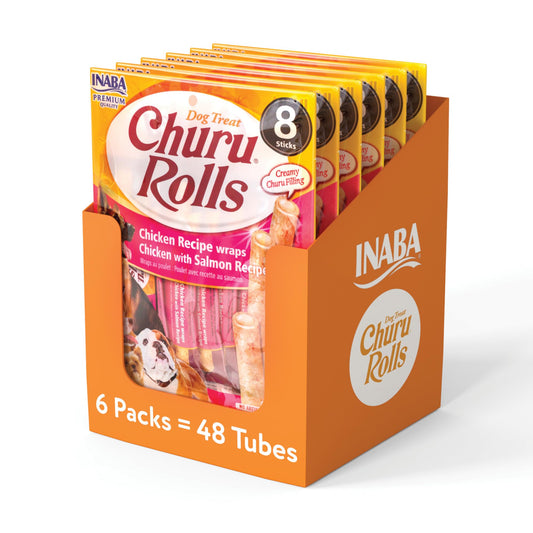 INABA Churu Rolls for Dogs, Grain-Free, Soft/Chewy Baked Chicken Wrapped Churu Filled Dog Treats, 0.42 Ounces Each Stick| 48 Stick Treats Total (8 Sticks per Pack), Chicken with Salmon Recipe