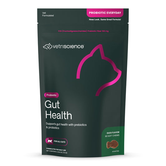 VetriScience Gut Health Probiotic & Prebiotic Digestive Supplements for Cats, Gas & Diarrhea & Immune Support, Soft Chews, Duck, 60 Count - New Look