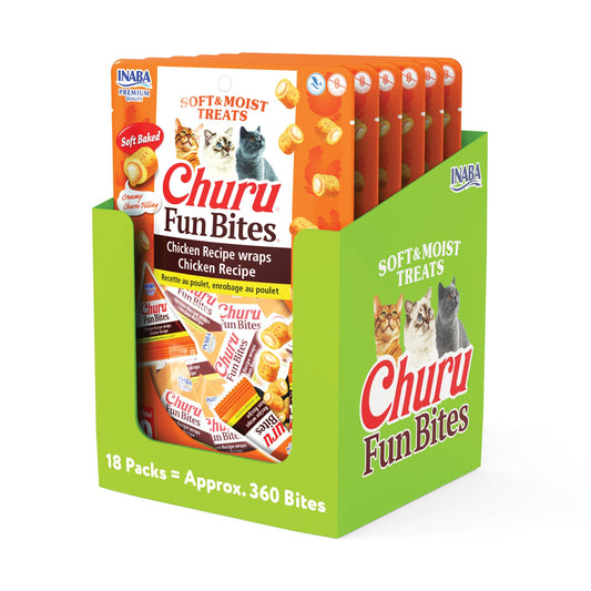 INABA Churu Fun Bites for Cats, Soft & Chewy Cat Treats with Taurine, 0.42 Ounces Each Tetra, 18 Tetras (3 per Bag), Chicken Recipe