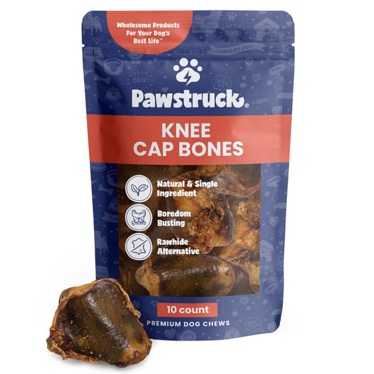 Pawstruck Natural Knee Cap Dog Bones - Treats for Aggressive Chewers, Low Fat & High Protein Chews, Beef Flavor, Long-Lasting Rawhide Alternatives - 10 Pack, Packaging May Vary