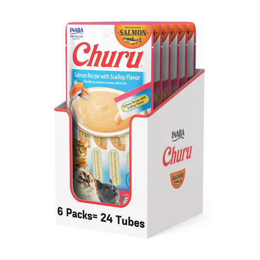 INABA Salmon Churu Cat Treats, Lickable, Squeezable Creamy Purée Cat Treat with Green Tea Extract & Taurine, 0.5 Ounces Each Tube, 24 Tubes (4 per Pack), Salmon Recipe with Scallop Flavor