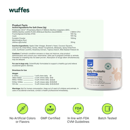 Wuffes Daily Probiotic for Dogs - Supports Digestive Health, Gut Balance, and Immune System - with Prebiotics, Marshmallow Root, and Pumpkin Powder - 60 Soft Chews