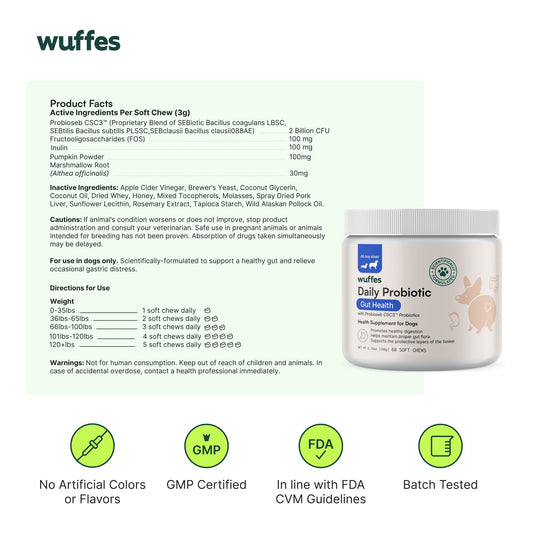 Wuffes Daily Probiotic for Dogs - Supports Digestive Health, Gut Balance, and Immune System - with Prebiotics, Marshmallow Root, and Pumpkin Powder - 60 Soft Chews