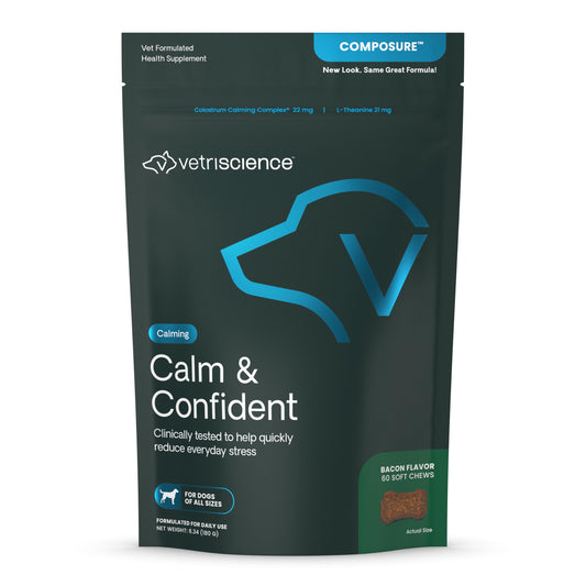 VetriScience Calm & Confident Chews, Composure Clinically Tested Calming and Anxiety Supplement for Dogs, Reduce Stress and Fear, Ideal for Thunderstorms, Fireworks and Travel, Bacon, 120 Count
