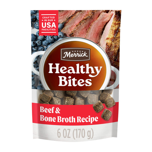 Merrick Healthy Bites Grain Free Dog Treats, Soft Treats with Bone Broth for Dogs, Beef and Bone Broth Recipe - 6 oz. Pouch