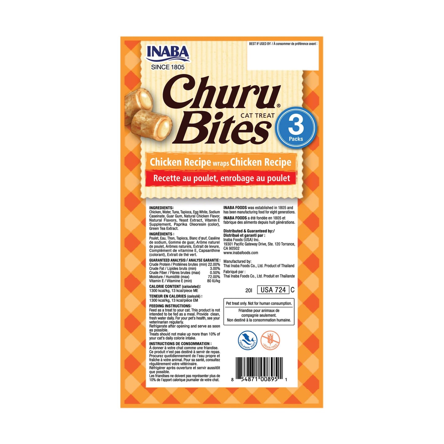 INABA Churu Bites for Cats, Soft/Chewy Baked Chicken Wrapped Churu Filled Cat Treats with Vitamin E, 0.35 Ounces per Tube, 18 Tubes Total (3 Tubes per Pack), Chicken Recipe