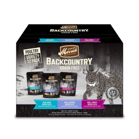 Merrick Backcountry Grain Free Gluten Free Premium Wet Cat Food Variety Pack, Poultry Recipes Cuts with Gravy - (Pack of 12) 2 lb. Pouches