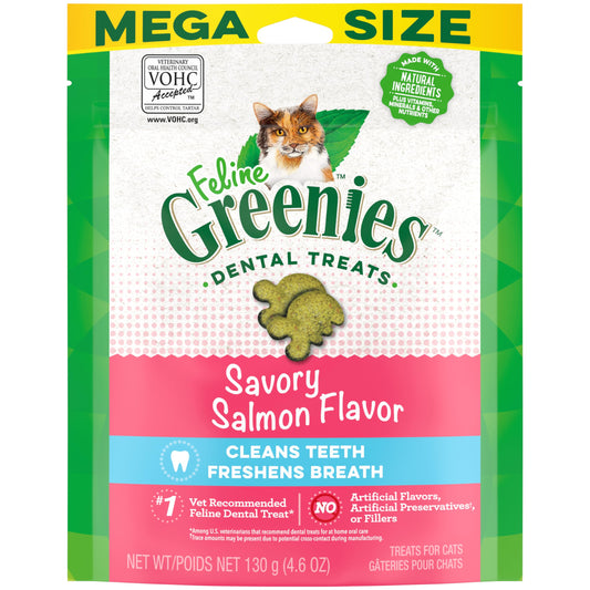 FELINE GREENIES Dental Treats, Salmon Flavor, Mega size 4.6 oz