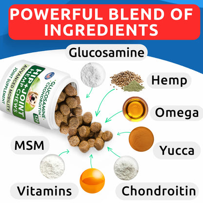 Hemp Chews Dogs Hip Joint Pain Relief - Glucosamine Chondroitin Hemp Treats for Joint Health - Dog Joint Supplement Large Breed & Small - Hemp Oil Pill - Canine Vitamin Treat Old Dog (240Ct/Chicken)