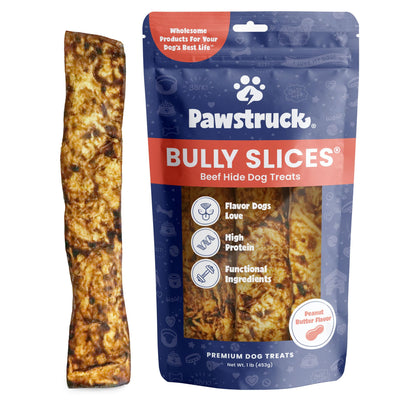 Pawstruck Bully Slices Premium Rawhide Chew Sticks, Peanut Butter Flavor - Low Fat, High Protein, Long-Lasting Treat for Dogs - No Artificial Ingredients - 1 lb Bag - Packaging May Vary