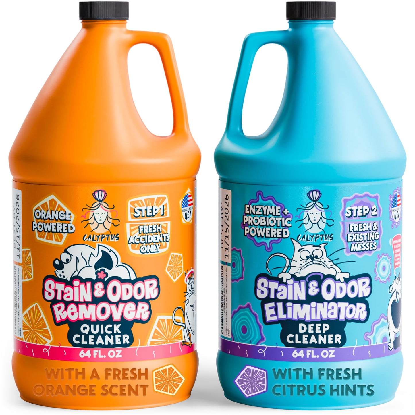 Calyptus Pet Stain and Odor Remover | Orange and Enzyme Cleaner Duo Solution for Pets | 128oz (64oz x 2 Bottles) | Carpet Cleaner and Odor Eliminator for Cat Urine, Dog Pee, and Poop | Pro Strength