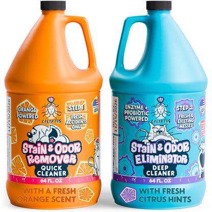 Calyptus Pet Stain and Odor Remover | Orange and Enzyme Cleaner Duo Solution for Pets | 128oz (64oz x 2 Bottles) | Carpet Cleaner and Odor Eliminator for Cat Urine, Dog Pee, and Poop | Pro Strength