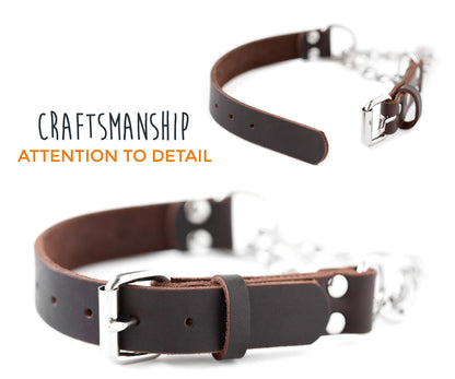 Mighty Paw Martingale Dog Collar - No Pull Design - Stainless Steel Chain - Limited Chain Cinch Training - Brown Leather Martingale Training Collar - Small Size