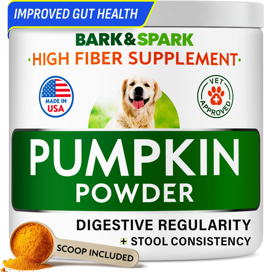 BARK&SPARK Pumpkin Powder for Dogs - 8oz Powdered Fiber Supplement and Stool Softener - Treat Diarrhea, Constipation, Upset Stomach, Food Sensitivity - Improve Digestion - Made in USA