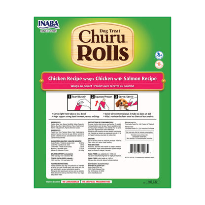 INABA Churu Rolls for Dogs, Soft & Chewy Baked Chicken Wrapped Filled Dog Treats, 0.42 Ounces Each Tube, 64 Tubes Total, Chicken with Salmon Recipe