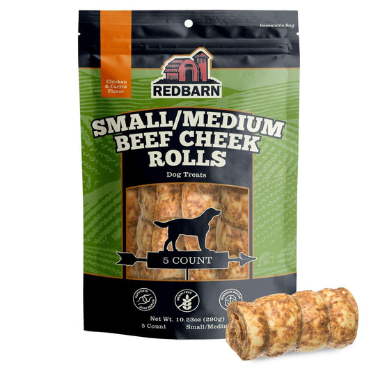 Redbarn Pet Products All-Natural Small/Medium Beef Cheek Rolls for Dogs, Chicken & Carrot Glazed - Single Ingredient Grain-Free Chew Treat Naturally Rich in Collagen - 5 Pack - Packaging May Vary