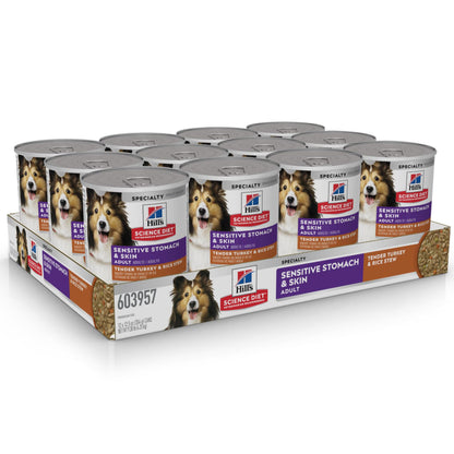 Hill's Science Diet Sensitive Stomach & Skin, Adult 1-6, Stomach & Skin Sensitivity support, Wet Dog Food, Turkey & Rice Stew, 12.5 oz Can, Case of 12