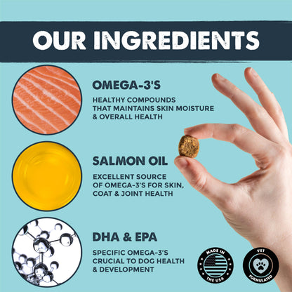 Mighty Paw Waggables Mighty Omega (Made in The USA, 120 Count) | Omega 3 Fish Oil Chew for Dogs. Salmon Flavor Skin and Coat Supplement. Soft Chew Fish Oil for Dogs - DHA & EPA, Bacon Flavor