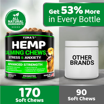 YUMA'S Hemp Calming Chews for Dogs - Advanced Dog Calming Chews - 170 Chews - Anxiety Relief Treats - Separation Aid, Barking, Stress Relief, Thunderstorms - Melatonin - Hemp Oil - Made in USA