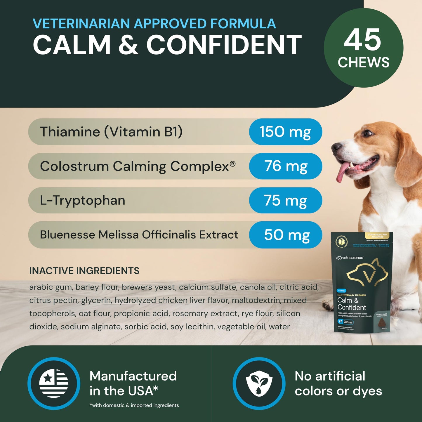 VetriScience Composure Pro Advanced - Advanced Calming Supplement for Dogs & Cats - Calming Aid Soft Chews - Chewable Calming Supplement - Advanced Calming Bite Formula - 45 Chews
