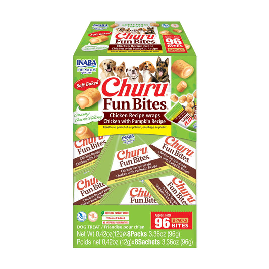 INABA Churu Fun Bites for Dogs, Soft & Chewy Baked Chicken Wrapped Filled Dog Treats with Vitamin E, 0.42 Ounces per Tetra, 8 Tetras per Box, Chicken with Pumpkin Recipe