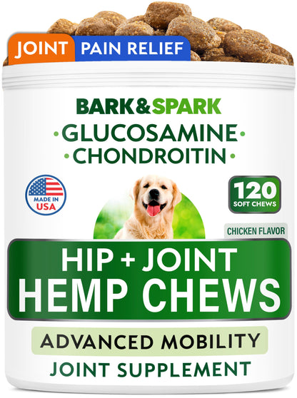 Bark&Spark Advanced Hemp Chews for Dog Joint Pain Relief - Glucosamine Chondroitin Hemp Treats Hip Joint Health - Joint Supplement Large Breed & Small - Hemp Treats Joints Old Senior Dog (120Ct)