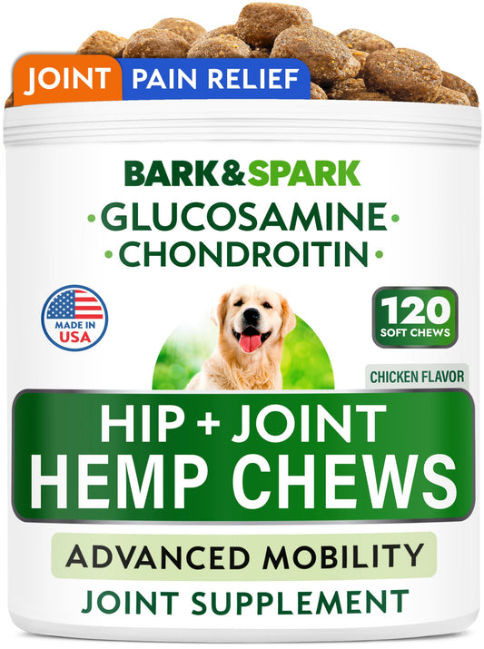 Bark&Spark Advanced Hemp Chews for Dog Joint Pain Relief - Glucosamine Chondroitin Hemp Treats Hip Joint Health - Joint Supplement Large Breed & Small - Hemp Treats Joints Old Senior Dog (120Ct)