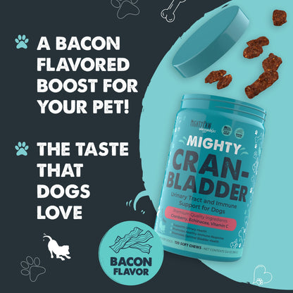 Mighty Paw Waggables Cran-Bladder (Made in The USA) | Vet Formulated Cranberry Supplement for Dogs – Cranberry Chews for Dogs, Urinary Tract & Bladder Support, Bacon Flavored, 120 Soft Chews
