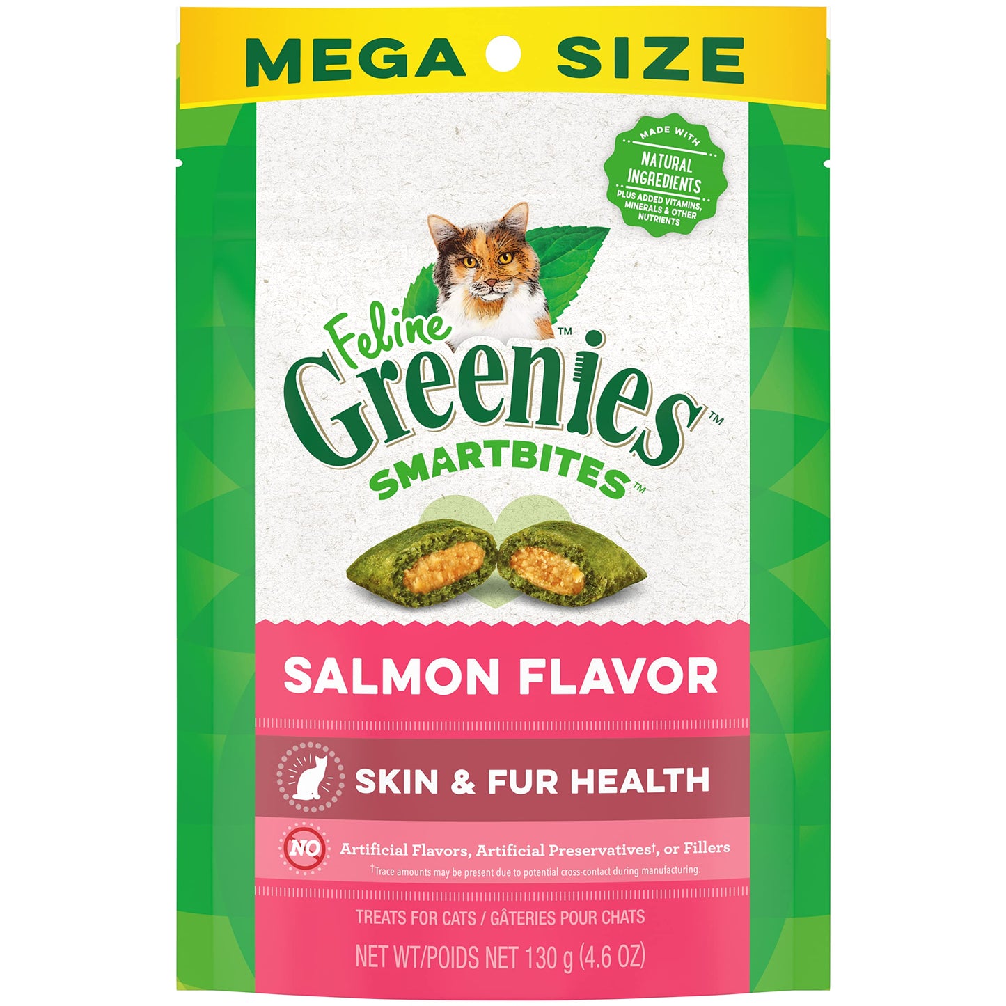 Greenies Feline Smartbites Skin & Fur Health Crunchy and Soft Cat Treats, Salmon Flavor, 4.6 oz. Pack