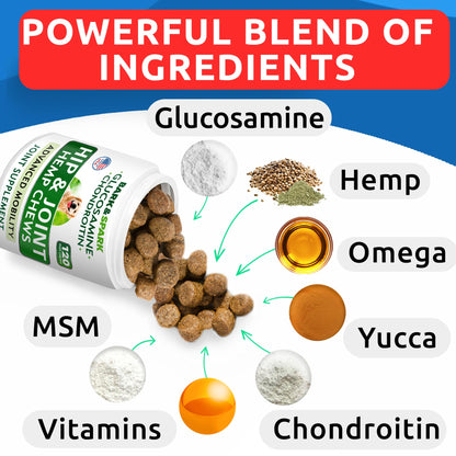 BARK&SPARK Advanced Hemp Chews for Dog Joint Pain Relief - Glucosamine Chondroitin Hemp Treats Hip Joint Health - Joint Supplement Large Breed & Small - Hemp Treats Joints Old Senior Dog (120Ct/Lamb)