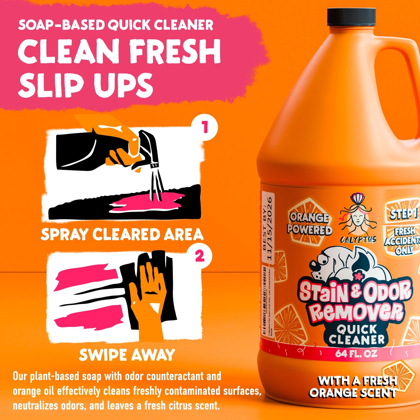 Calyptus Pet Stain and Odor Remover | Orange and Enzyme Cleaner Duo Solution for Pets | 128oz (64oz x 2 Bottles) | Carpet Cleaner and Odor Eliminator for Cat Urine, Dog Pee, and Poop | Pro Strength