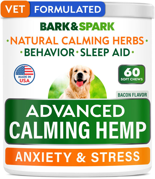 BARK&SPARK Advanced Calming Hemp Treats for Dogs - Hemp Oil + Melatonin - Anxiety Relief - Separation Aid - Stress Relief During Fireworks, Storms - Aggressive Behavior, Barking - 60Chews