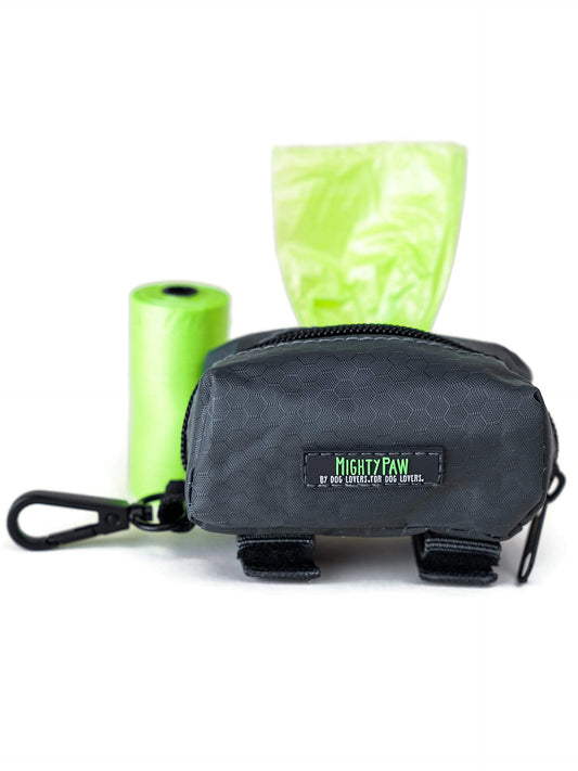 Mighty Paw Dog Poop Bag Holder - Zippered Pouch with Carabiner Hook - Includes Roll of Pick-up Bags - Pet Poop Holder and Dispenser - Pet Walking Supplies - (Grey/Green)