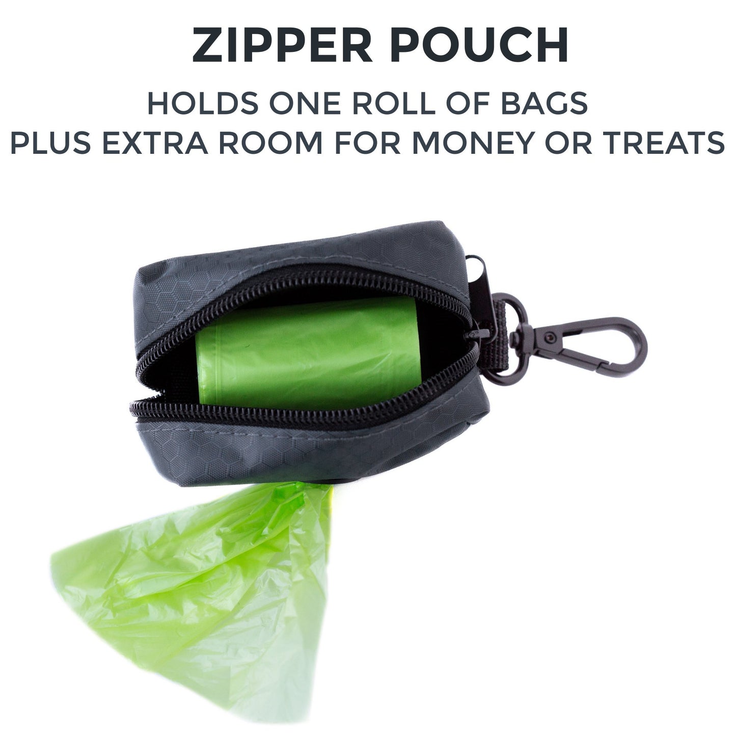Mighty Paw Dog Poop Bag Holder - Zippered Pouch with Carabiner Hook - Includes Roll of Pick-up Bags - Pet Poop Holder and Dispenser - Pet Walking Supplies - (Grey/Green)