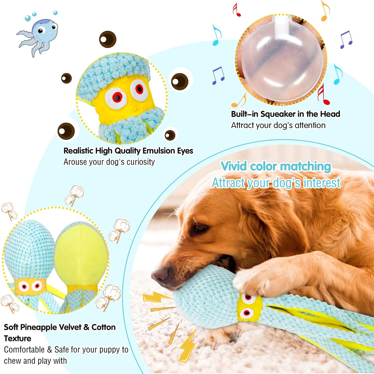 VIWIK Dog Toys for Chewers - Puppy Boredom and Stimulating Squeaky Octopus, Interactive for Smart Dogs, Soft Plush Chew