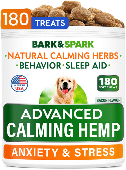 BARK&SPARK Advanced Calming Hemp Treats for Dogs - Hemp Oil + Melatonin - Anxiety Relief - Separation Aid - Stress Relief During Fireworks, Storms, Thunder - Aggressive Behavior, Barking - 180 Chews
