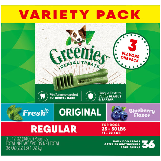 Greenies Regular Dental Dog Treats, 3-Flavor Variety Pack, (3) 12 oz. Pouches, 36 Total Treats