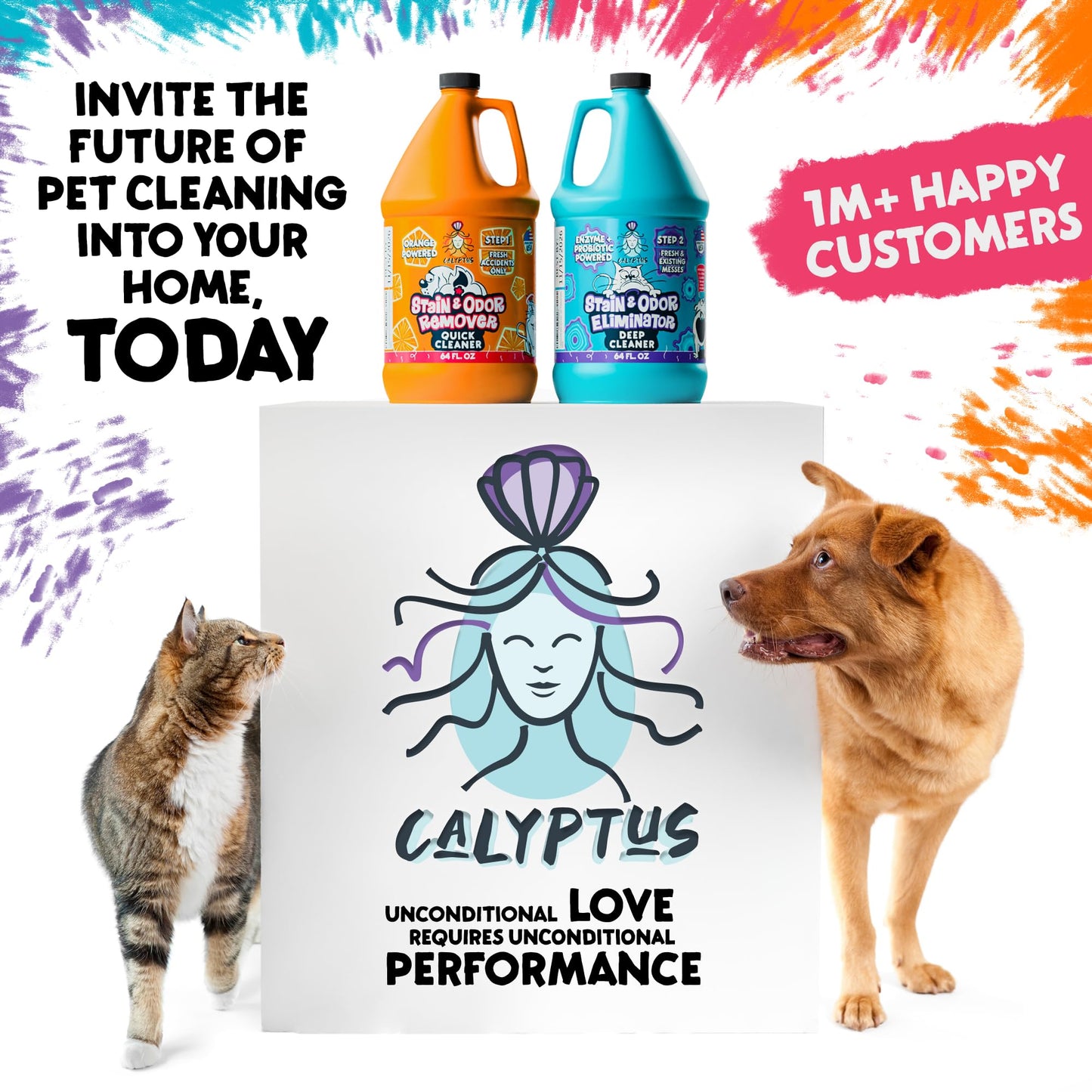 Calyptus Pet Stain and Odor Remover | Orange and Enzyme Cleaner Duo Solution for Pets | 128oz (64oz x 2 Bottles) | Carpet Cleaner and Odor Eliminator for Cat Urine, Dog Pee, and Poop | Pro Strength