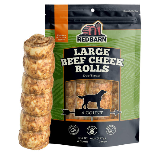 Redbarn Pet Products All-Natural Large Beef Cheek Rolls for Dogs, Chicken & Carrot Glazed - Single Ingredient Grain-Free Chew Treat Naturally Rich in Collagen - Packaging May Vary, Pack of 4