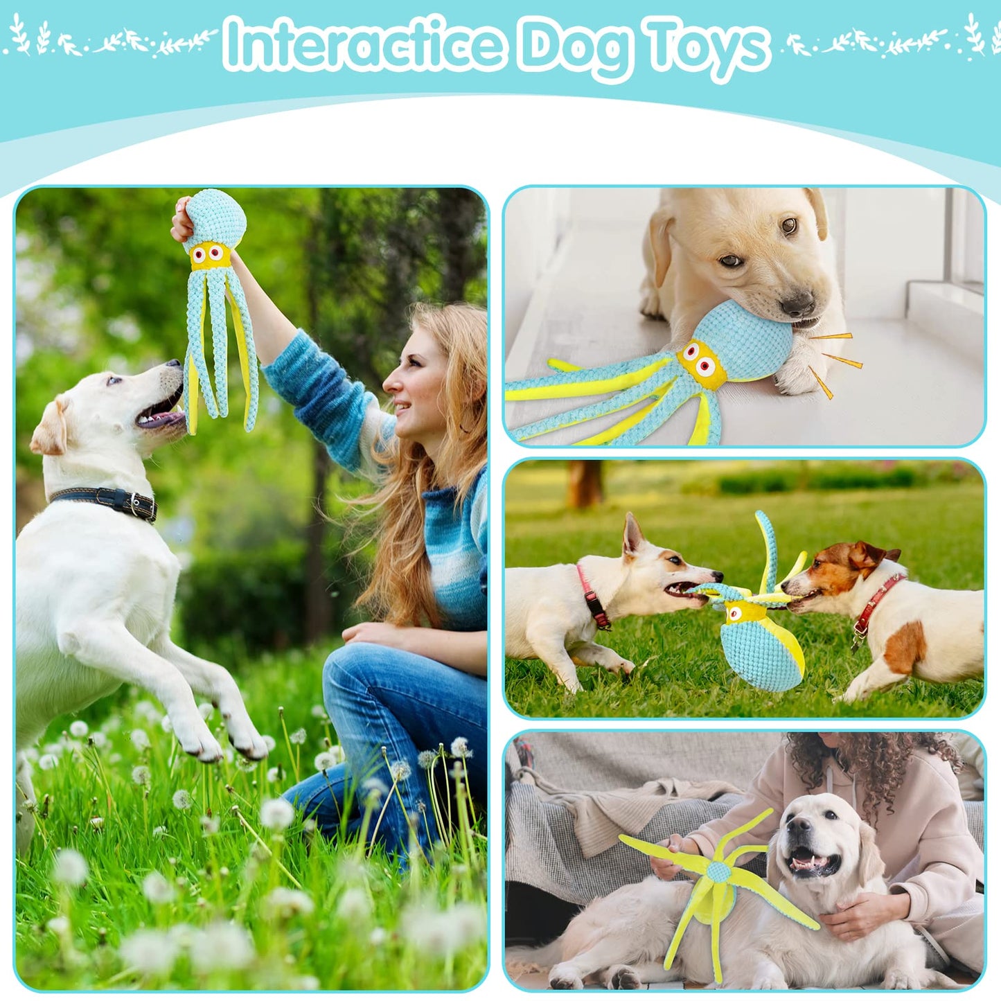 VIWIK Dog Toys for Chewers - Puppy Boredom and Stimulating Squeaky Octopus, Interactive for Smart Dogs, Soft Plush Chew
