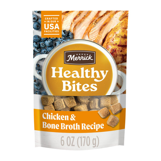 Merrick Healthy Bites Grain Free Dog Treats, Soft Treats with Bone Broth for Dogs, Chicken and Bone Broth Recipe - 6 oz. Pouch