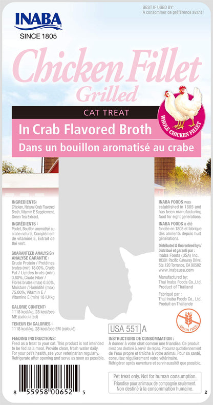 INABA Premium Hand-Cut Grilled Chicken Fillet Cat Treats/Topper with Vitamin E and Green Tea Extract, 0.9 Ounces Each, Pack of 6, Crab Broth