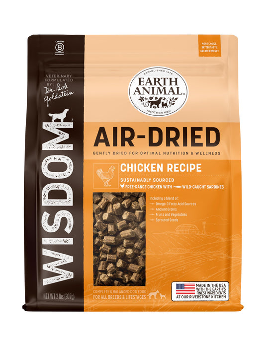 Earth Animal Wisdom Air Dried Dog Food | Chicken Recipe Premium Natural Dog Food | All Breeds & Ages | Made in The USA | 2 Pound Bag