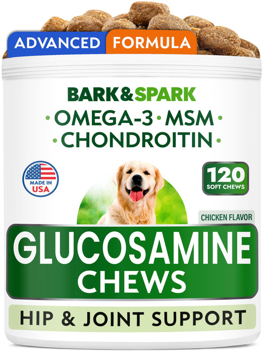 Bark&Spark Glucosamine Chondroitin Dog Hip & Joint Supplement - Joint Pain Relief - Hip & Joint Chews - Joint Support Large Small Breed - Senior Doggie Vitamin Pill Joint Health (120 Treats - Chicken)