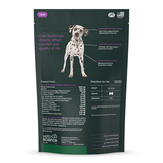 VetriScience Liver Health Chews with Milk Thistle, Vetri Liver Detox Supplement for Dogs, Turmeric and Artichoke Leaf for Liver Support and Detoxification, Chicken, 60 Count