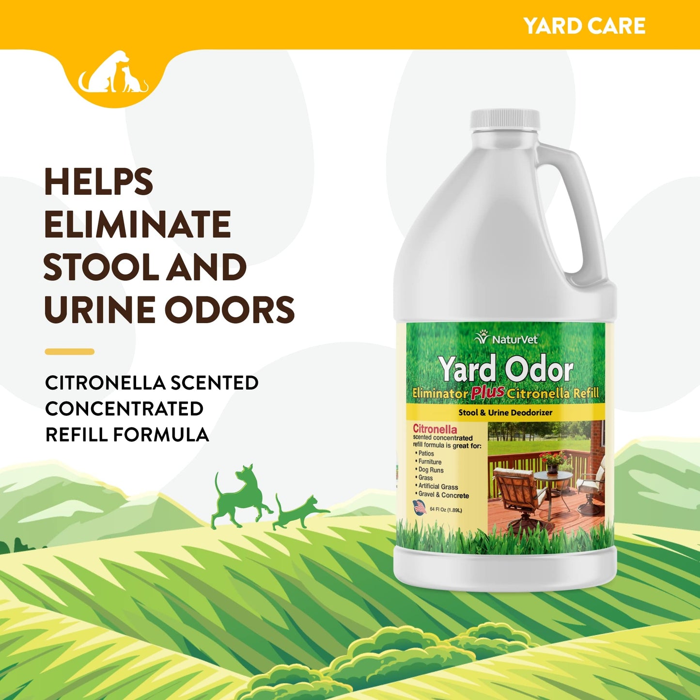 NaturVet – Yard Odor Eliminator Plus Citronella Spray – Eliminate Stool and Urine Odors from Lawn and Yard – Designed for Use on Grass, Patios, Gravel, Concrete & More – 64oz Refill (No Hose Nozzle)